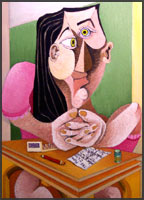 Numbers Girl #21.  Abstract Pablo Picasso style portrait of a woman at work, hand folded and wearing pink dress. 