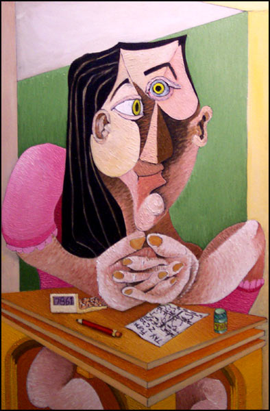 Numbers Girl #21.  Abstract Pablo Picasso style portrait of a woman at work, hand folded and wearing pink dress. 