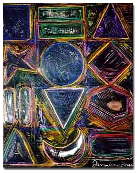 Push My Buttons #14: Coloful Geometric Abstract Oil Painting by: James Homer Brown. New York style art from metro Detroit. James Homer Brown, member of the Detroit Art Scene paints colorful urban paintings for corporations, individuals and the movie industry. 