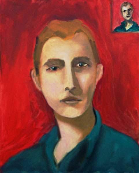 Abstract Portrait #32 -Abstract portrait of a sandy haired young man with a green shirt  posed in front of a hot red background. Artwork by Michigan artist James Homer Brown.