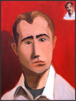 Abstract Portrait #46 - Man in a white shirt. Abstract portrait Depicts a brown haired man wearing a white shirt. Background is bright red. Painted in the style of Modigliani.