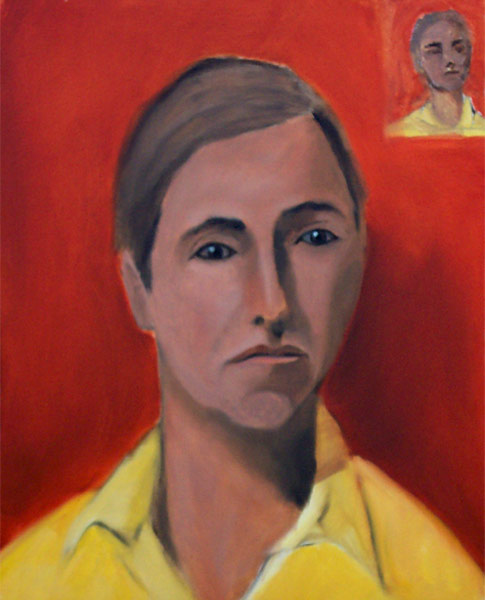 Abstract Portrait #46 - Man in a white shirt. Abstract portrait Depicts a brown haired man wearing a white shirt. Background is bright red. Painted in the style of Modigliani.