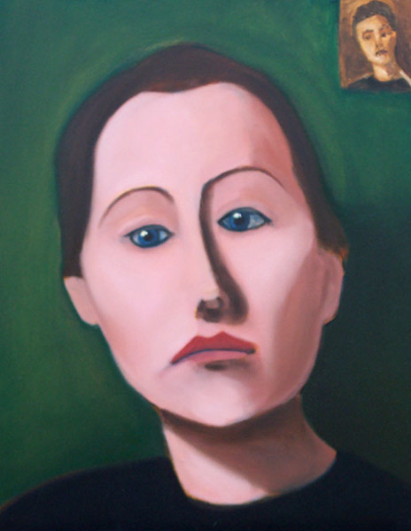 Abstract Portrait #49 - Green Girl with Blue Eyes. Portrait of a brown haired girl with blue eyes and posed in front of a green background. Abstract portrait in the style of Modigliani.