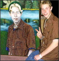 Matt with Green Hair - realistic portrait painting of a blonde haired boy wearing a brown polka dot shirt and with half of his hair dyed green. Artwork by Michigan portrait painiter and artist James Homer Brown.