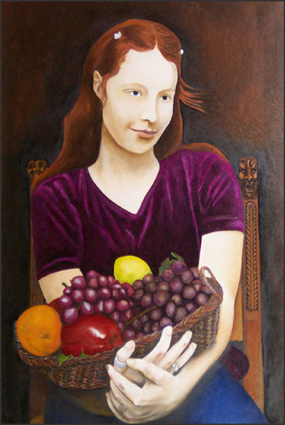 Melissa - Realistic Portrait by award winning Michigan Artist - James Homer Brown. Painting of a red-haired girl holding a basket of fruit. 