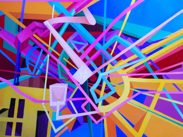 Detroit Renaissance #18: Coloful Geometric Abstract Oil Painting by: James Homer Brown. New York style art from metro Detroit. James Homer Brown, member of the Detroit Art Scene paints colorful urban paintings for corporations, individuals and the movie industry. 