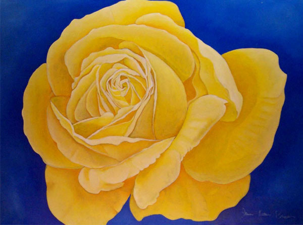 Golden Masterpiece - Romantic Rose Oil Painting. Gold Golden Yellow hybrid tea rose conveys picture projects a feeling of sun and warmth. Artwork in shades of sunny yellow, gold and blue. Artist - James Homer Brown, member of the Detroit Art Scene. 