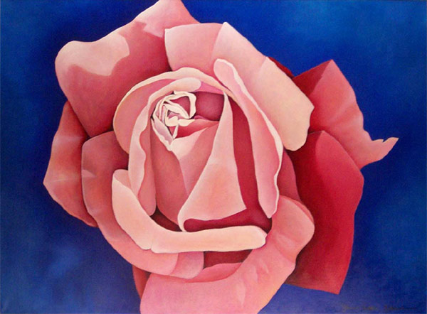 Seashell Hybrid Rose Painting - Romantic Rose Oil Painting. Image of a hybrid rose with petals the color of wine, pink and mauve. Artist - James Homer Brown, member of the Detroit Art Scene. 
