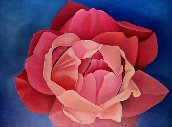 Seashell Hybrid Rose Painting - Romantic Rose Oil Painting. Image of a hybrid rose with petals the color of wine, pink and mauve. Artist - James Homer Brown, member of the Detroit Art Scene. 