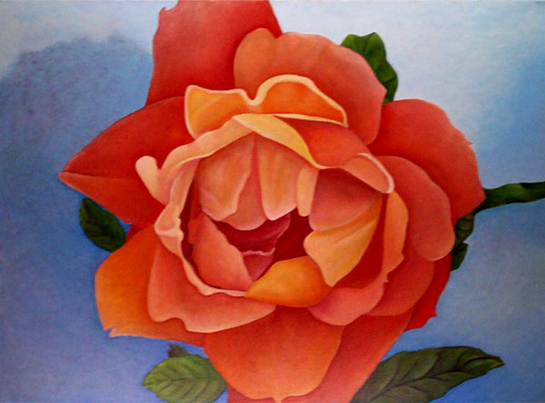 Summer Sunset Rose - Romantic Rose Oil Painting. Painting of a floribunda rose in toasty shades of orange against a blue sky background. Artist - James Homer Brown, member of the Detroit Art Scene. 